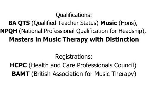 Picture of Nick's qualifications including BAQTS, NPQH and Masters in Music Therapy with Distinction and registration of relevant bodies, HCPC and BAMT