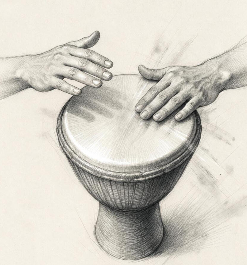 A picture of a pair of hands playing a djembe (a drum)