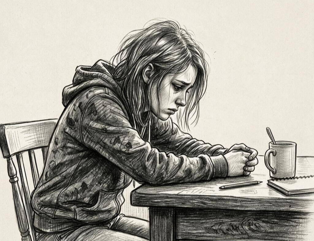 A picture of a teenager sat at a table looking troubled