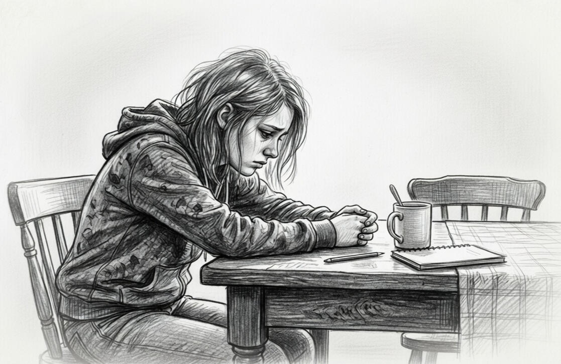 A picture of a teenager sat at a table looking troubled