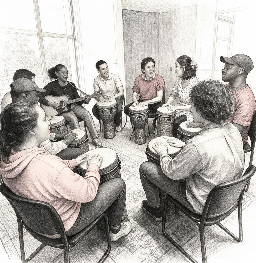 A picture of a music therapy session using guitars to make up songs.