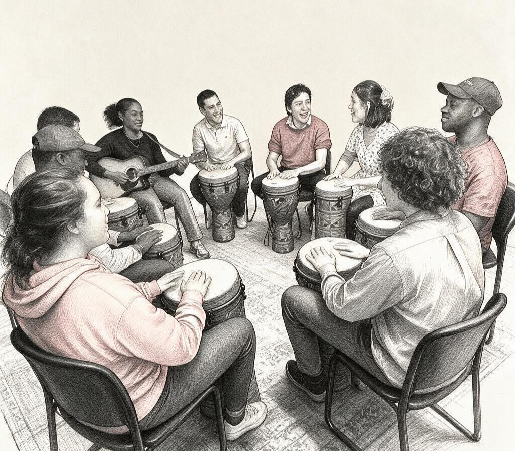 A picture of a music therapy session using guitars to make up songs.