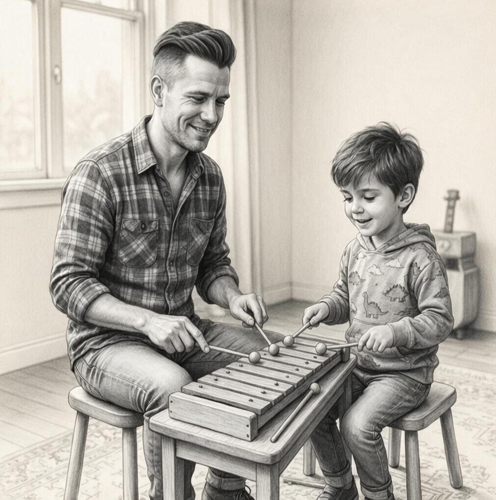 A picture of a music therapy session using guitars to make up songs.