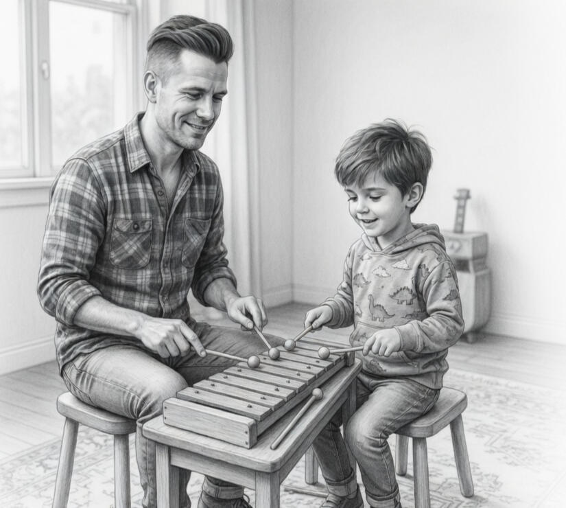 A picture of a music therapy session using guitars to make up songs.